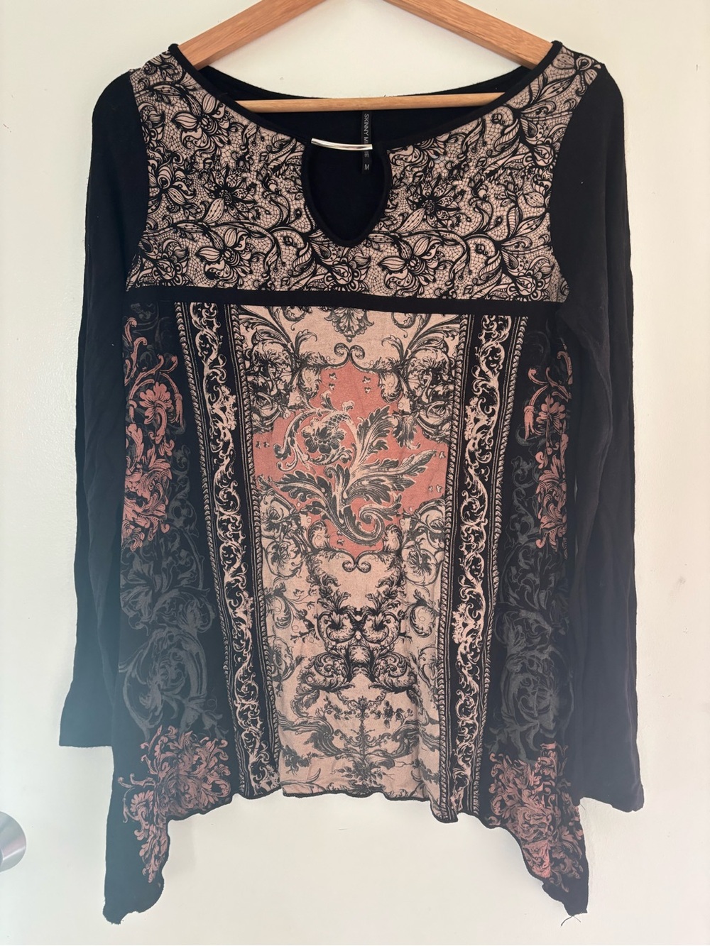 Skinny Minnie Black Long-Sleeve Tunic with Rose and Cream Damask Panels
